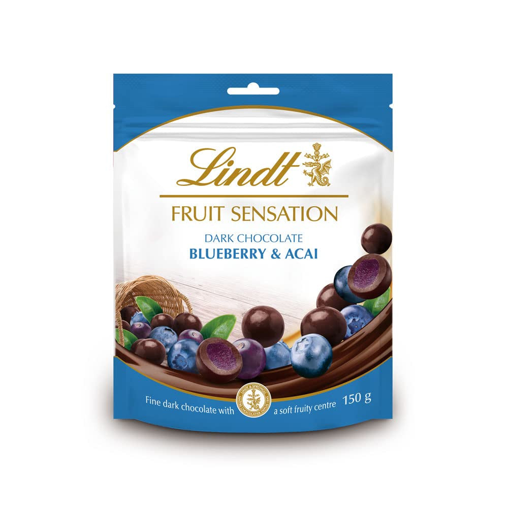 Lindt Chocolate Sensation Fruit Borůvka a Acai | 150 g | Kulička z hořké čokolády s rafinovanou ovocnou náplní na bázi jablka | Čokoládový dárek | Čokoládový dárek
