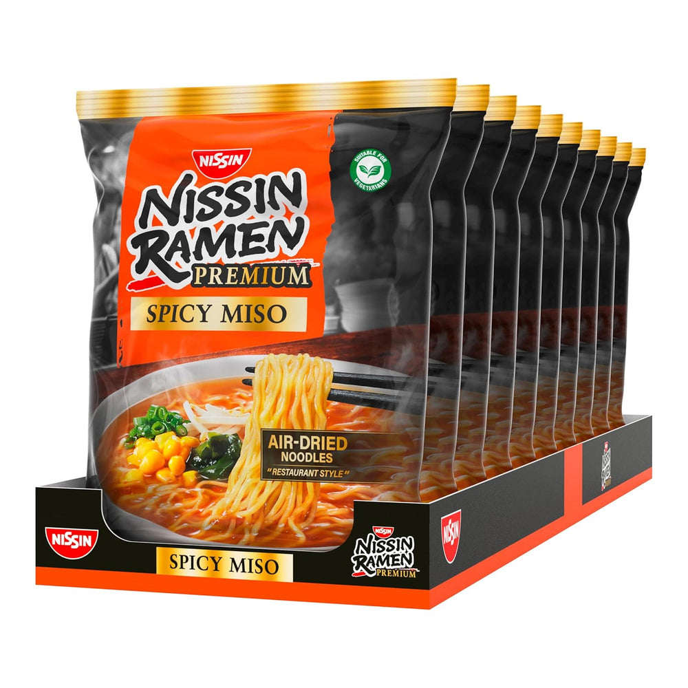 Nissin Ramen Premium - Miso pikantní 10 balení instantních nudlí japonského stylu sušených na vzduchu pro Ramen ve stylu restaurace s jemně pikantní příchutí miso a wakame vloček (10 x 90,7 g)