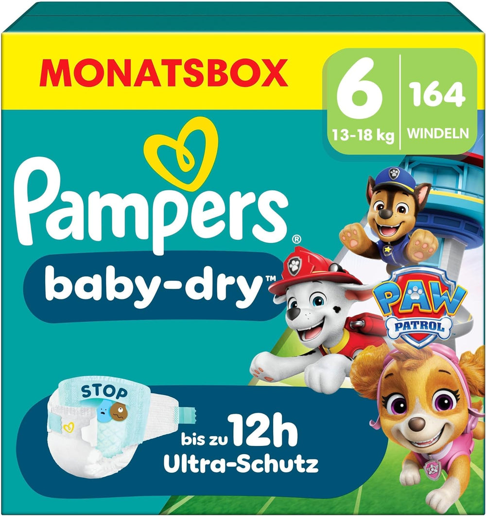 Plenky Pampers Baby-Dry Puppy Patrol Edition, velikost 6, 164 plen, 13 kg - 18 kg, až 100% ochrana proti vytečení a celonoční pohodlí