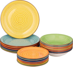 Set de veselă din porțelan și gresie, format din 18 piese, serviciu de masă pentru 6 persoane, blaturi colorate, modele multicolore