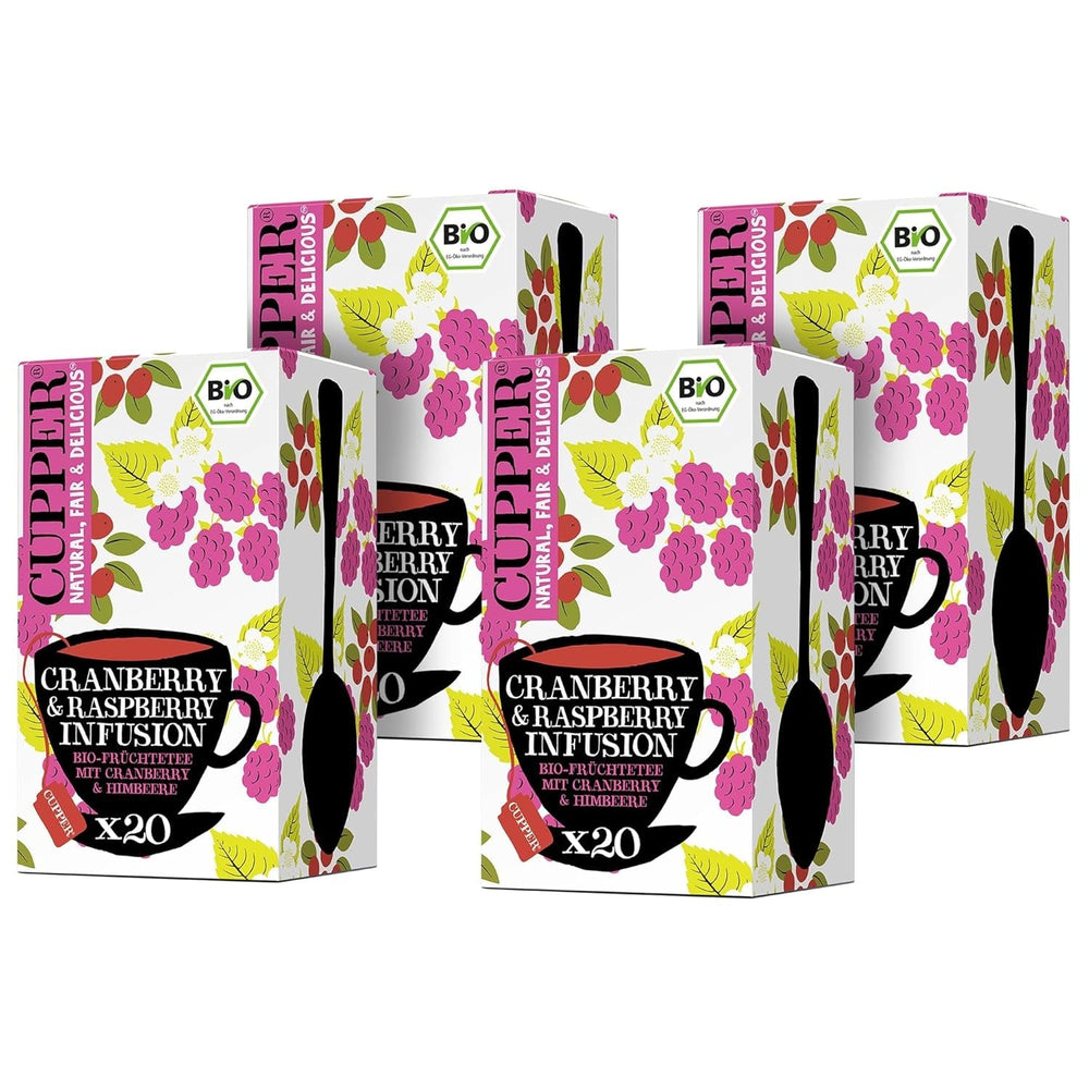 4Er Pack CUPPER Ceai de fructe bio „Cranberry & Raspberry Infusion”, 4X20 pliculețe de ceai nealbe, ecologic, comerț echitabil