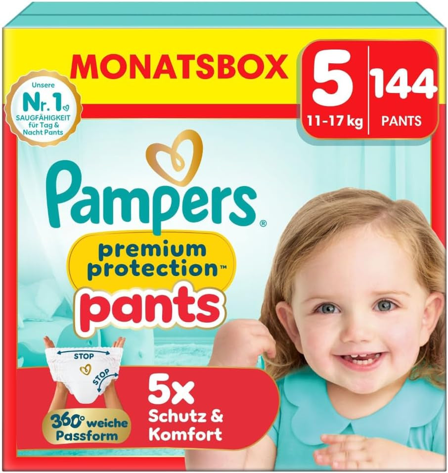 Pampers Premium Protection Pants velikost 5, 144 plen, 11 kg - 17 kg, s 360° nastavením a měkkými manžetami proti vytečení pro optimální pohodlí a ochranu