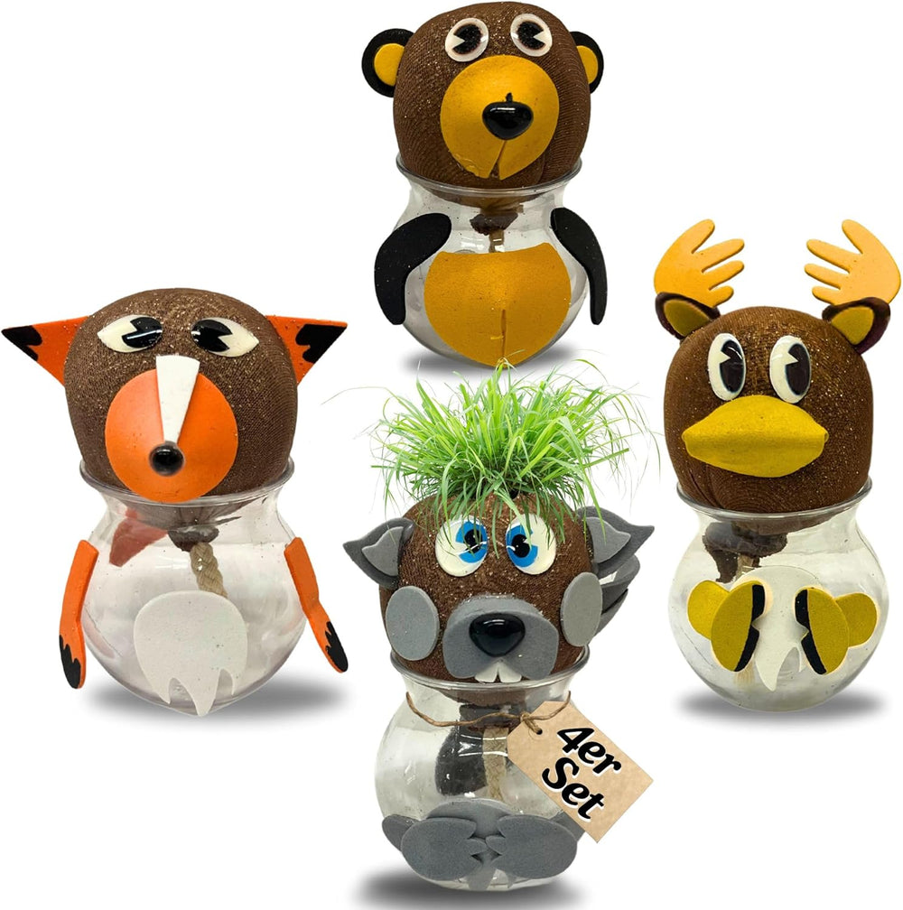 Bada Bing Graskopf 4er Set vč. Wasserbehälter Waldtiere DIY Tiere – Rasenkopf Tierkopf mit Rasensamen – Experiment für Kinder – Spaß mit Lerneffekt – Geschenk Mitbringsel Kindergeburtstag Mitgebsel