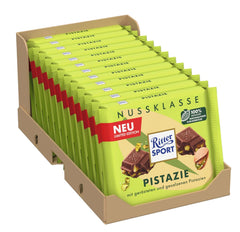 Ritter Sport Pistácie, mléčná čokoláda s jemnými kousky pistácií, čokoládová klasika, perfektní na svačinu a pochutnání, skvělý nápad na dárek, 12 tyčinek x 100 g