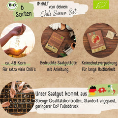 Bio Chili Seed Set - 6 Bio Chili semínek, jemně až extrémně pikantní, zdarma opylovaná kvalita | od pikantního Habanera po barevné a tradiční odrůdy chilli – Pepperoni Seeds