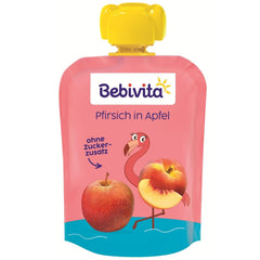 Pliculețe stoarcibile cu piersici și măr – 16 bucăți (4 pachete, 4 x 90 g fiecare), fără zahăr adăugat, fără gluten, vegane, ideale pentru bebeluși de la 5 luni, perfecte pentru luat la pachet