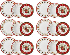 Set de veselă de Crăciun Hutschenreuther Happy Wintertime roșu pentru 6 persoane, porțelan, multicolor, 6 farfurii de mic dejun, 6 farfurii de cină și 6 farfurii de sumă, potrivit pentru mașina de spălat vase și cuptorul cu microunde