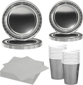Set de tacâmuri din hârtie argintie, format din 68 de piese, farfurii de hârtie argintii, pahare de hârtie, șervețele, tacâmuri decorative pentru petreceri, zile de naștere, nunți, Revelion, absolviri, articole pentru petreceri