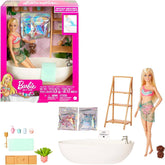 Barbie Self-Care Series, Confetti Bath, păpușă Barbie cu păr blond, costum de baie, cățeluș, 2 pachete de săpun Confetti, accesorii Barbie, 1X păpușă Barbie inclusă, potrivită ca un cadou, Hkt92 Papusi Naty Shop Set de joacă cu Barbie blondă