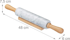 Relaxdays Nudelholz Marmor, Griffe aus Holz, Teigroller zum Kochen & Backen, mit Ablage, 48 cm, schwere Backrolle, weiß