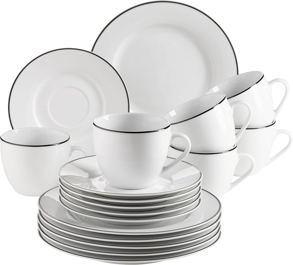 Mäser, seria Nola, serviciu modern de cafea pentru 6 persoane, alb cu margine neagră, set de veselă cu 18 piese, cești de cafea, farfurioare și farfurii de desert - serviciu rotund de cafea, set de cafea, alb