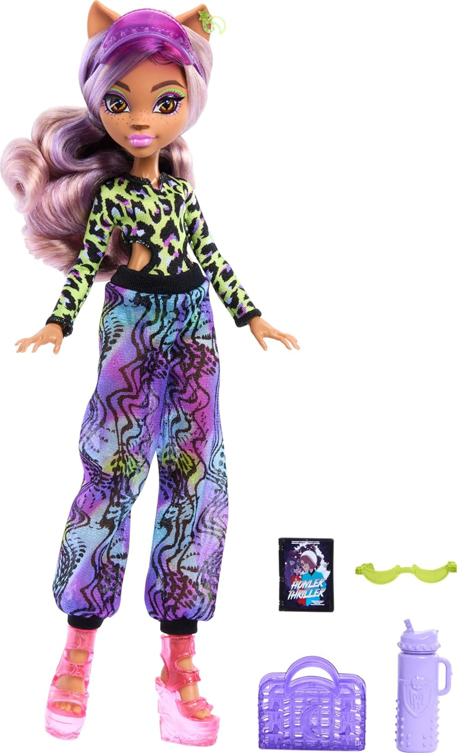 Păpușa Monster High Scare-adise Island Clawdeen Wolf cu costum de baie, pantaloni de jogging și accesorii de plajă, cum ar fi vizieră, sticlă de apă și carte