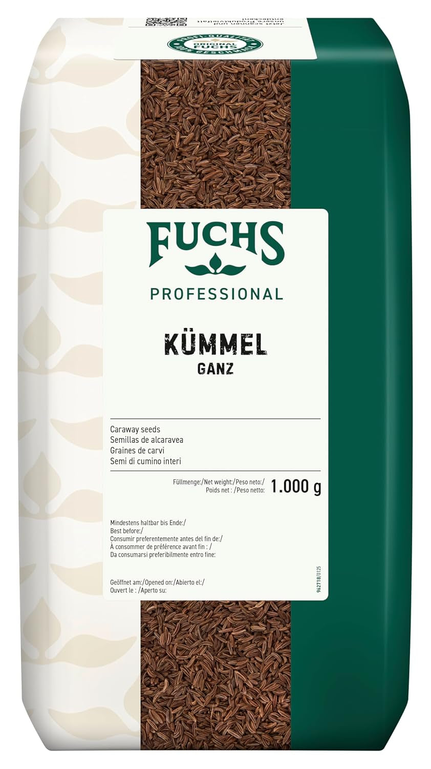 Fuchs Professional - Kümmel ganz | Ungemahlen, zum Würzen von Bratkartoffeln nebo Krautgerichten | Profi-Qualität für Großverbraucher und Gastronomie | 1 kg v recyklovatelném pytli