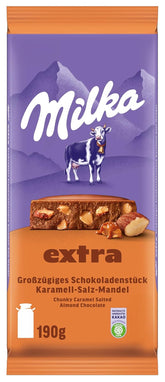 Milka Extra Caramel Salt Almond - Čokoláda z alpského mléka s kousky karamelu, mandlí a špetkou soli - 190g