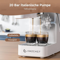 Espressor AMZCHEF cu 20 de bari, afișaj LED, spumator de lapte profesional și lance de abur din oțel inoxidabil, rezervor detașabil de 1,5 l, încălzire rapidă de 1350 W, alb
