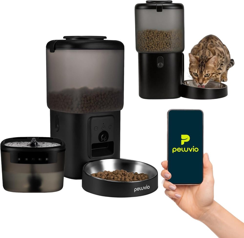 Feast Automatische Futterautomat Katze s aplikací a kamerou, Live-Video s Nachtsicht a Zwei-Wege-Audio, Portionskontrolle, Edelstahl-Napf, Katzen Trinkbrunnen s filtrem, 4,5 l a 2,5 l