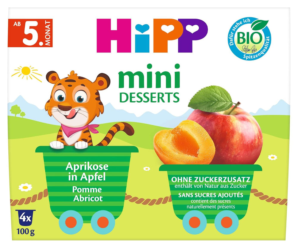 HiPP Bio mini dezert s meruňkou a jablkem (balení 6 x 4 x 100 g), od 5 měsíců, v praktických kelímcích, bez přidaného cukru, nejlepší BIO kvalita