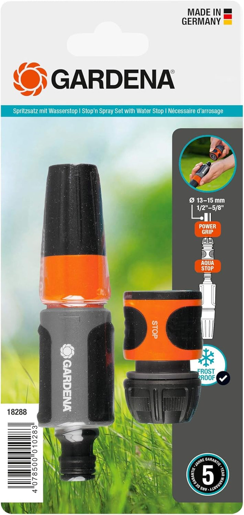 Set de pulverizare Gardena pentru furtunuri de 13 mm (1/2 inch) și 15 mm (5/8 inch): Set de pulverizare de curățare cu Aquastop pentru schimbarea rapidă a conexiunilor (18288-20)