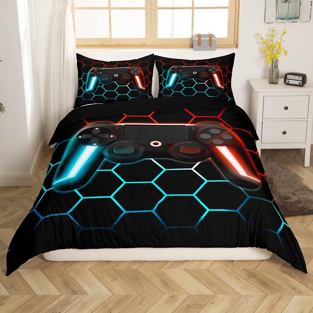 Gamer Bettwäsche Sets Für Jungen 155X220,Gaming Bettbezug Kinder Teens Männer Videospiel Zimmer Dekor Reversible Gaming Tröster Abdeckung Grün Retro Game Controller Bettbezug Weicher Luxus 2 Stücke