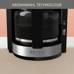 Espressor Krups KM3210 Pro Aroma Plus, 10 cești, 1,25 l, funcție de menținere la cald timp de 30 de minute, fereastră vizibilă pentru nivelul apei, sistem anti-picurare, negru cu aplicații din oțel inoxidabil