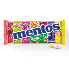 Ovocné dražé Mentos Pomeranč Citron Jahoda Sladkosti s příchutí žvýkacího ovoce (3 rohlíky), Veganské (balení po 3)