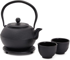 Set de ceai japonez Juvale cu ceainic din fontă (1200 ml), farfurie și 2 căni, set de ceai în stil Tetsubin, negru