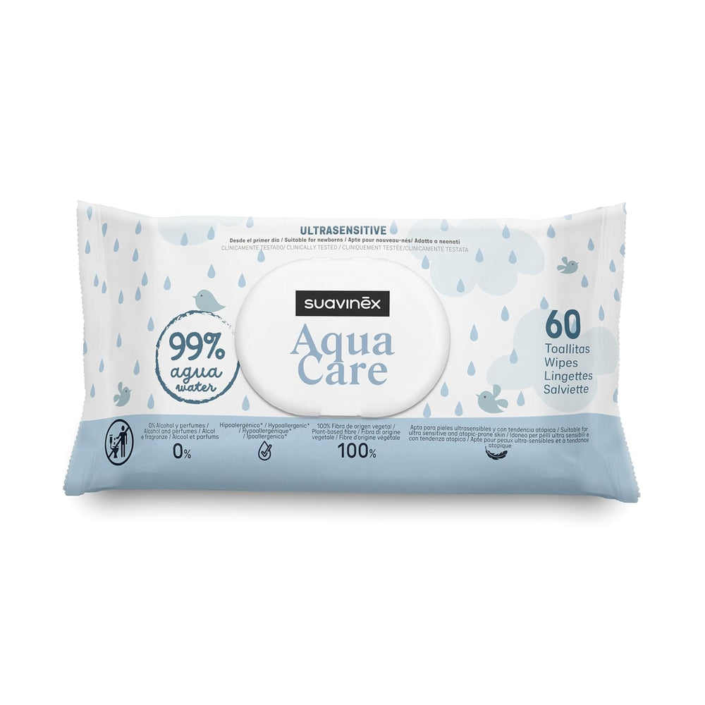 Suavinex Aqua Care Baby vlhčené ubrousky Čistící ubrousky pro 60 kusů 99% voda Rostlinná vláknina Aloe Vera Bez vůně Bez alkoholu Dermatologicky testováno Vhodné pro citlivou pokožku