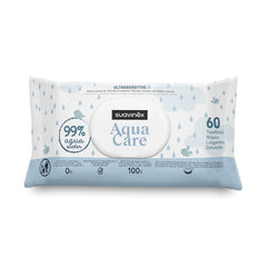 Suavinex Aqua Care Baby vlhčené ubrousky Čistící ubrousky pro 60 kusů 99% voda Rostlinná vláknina Aloe Vera Bez vůně Bez alkoholu Dermatologicky testováno Vhodné pro citlivou pokožku