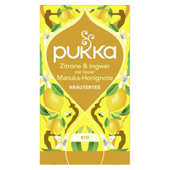 Pukka | Amestec de ceaiuri aromatizate bio „Lămâie și ghimbir cu o notă fină de miere de Manuka” | Încălzește-te și relaxează-te cu acest ceai | Pachet de 1 | 20 pliculețe de ceai