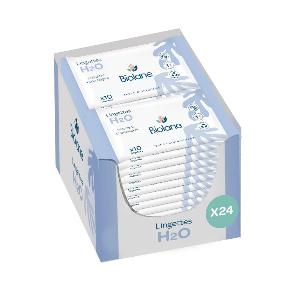 BIOLANE - Dětské vlhčené ubrousky H2O s vodou - Kapsička - Miminka - 24 x 10 kusů (240 ubrousků) - pro citlivou pokožku - čistí a chrání obličej a sedátko - vyrobeno ve Francii