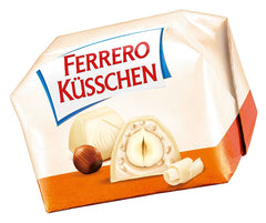 Ferrero Küsschen White Crispy - Valentýnský dárek pro něj a pro ni - Křupavé pražené lískové oříšky ve světlém krému s křupavými lupínky, pokryté bílou čokoládou, 1 balení 20 kusů jednotlivých pralinek