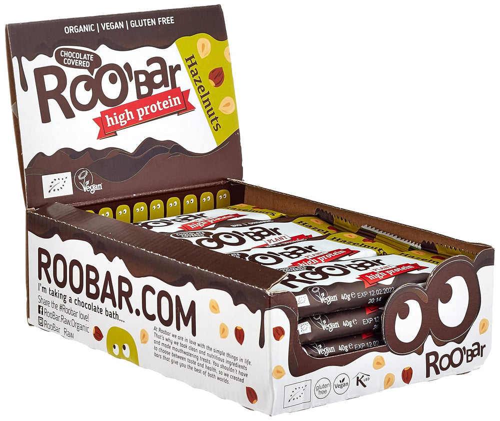 Tyčinky z lískových oříšků s vysokým obsahem bílkovin v čokoládě – 100% bio, veganské, ovocné tyčinky, bez mléka, bez lepku, bez rafinovaného cukru – 16 tyčinek x 40 g