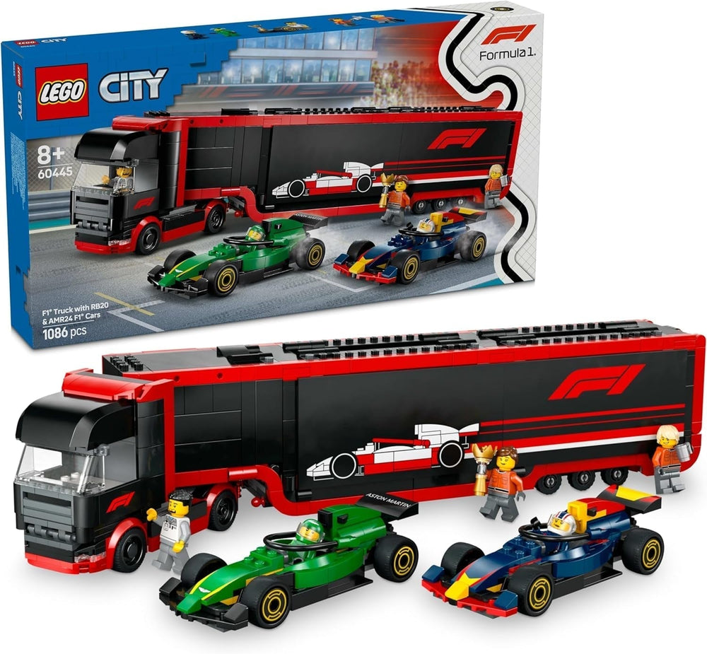 LEGO City F1 Transporter se závodními auty F1 RB20 a AMR24 - Transportér autíček pro týmy Red Bull a Aston Martin Formule 1 - vč. 5 minifigurek – dárek pro chlapce a dívky od 8 let 60445 Stavebnice Beuche den LEGO-Store Výchozí název
