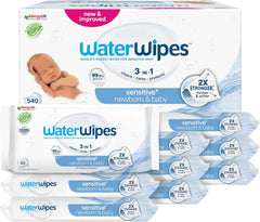 WaterWipes Sensitive+ vlhčené ubrousky pro novorozence a kojence, 540 kusů (9 balení), 3 v 1 čištění, péče, ochrana, 99,9 % vody, bez parfemace