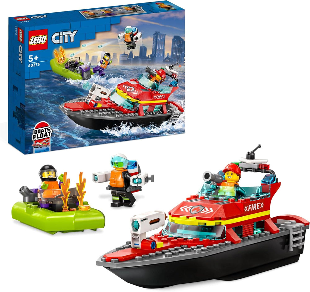 LEGO 60373 City Feuerwehrboot, Spielzeug, das im Wasser wimmt, s Rennboot, 3 minifigurky a Jetpack, Feuerwehr-Boot-Spielzeug Geschenkide für Jungen und Mädchen ab 5 Jahren