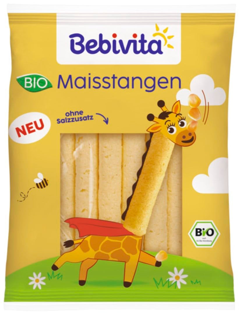 Bețișoare de porumb organice (9 x 40g), fără sare adăugată, fără zahăr adăugat, fără gluten, ideale pentru gustări și la pachet