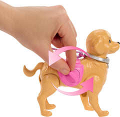 Barbie Hundespaziergang Spielset, enhtät einen Spielzeughund der gehen und Häufchen Machen kann, eine Barbie Malibu-Puppe sowie EIN Kehrset und Hundezubehör, JJB46