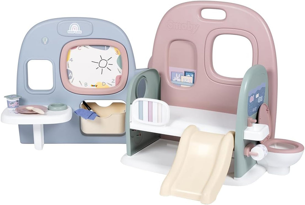 Smoby - Îngrijire bebeluși Creșă pentru păpuși - Centru de joacă pentru păpuși Creșă + Grădiniță Viața de zi cu zi - Zonă de joacă pliabilă, cu rotire la 360° - 6 accesorii - Fabricată din 90% material reciclat în Franța, de la 3 ani