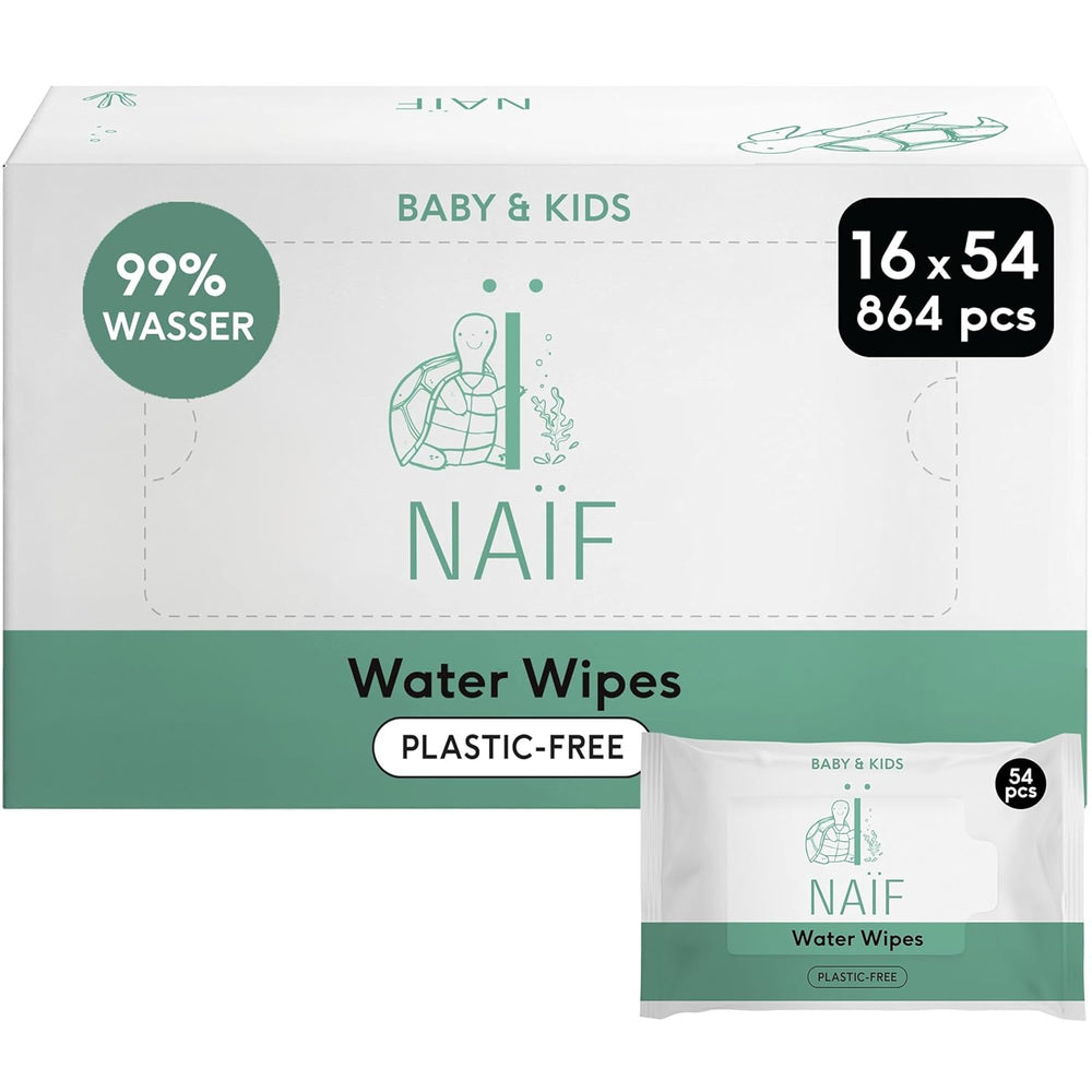 Naïf - Vlhčené ubrousky bez plastů - 864 kusů (16 balení po 54 ubrouscích) - Péče o dětský zadeček, tělo a obličej - 99% voda - 0% parfém a alkohol