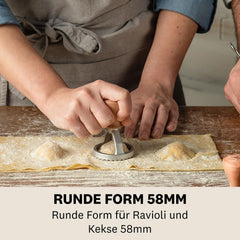 MARCATO Formă de ravioli și fursecuri, Aparat de ravioli, Forme de fursecuri, Lemn masiv și aluminiu turnat, Fabricat în Italia, Ștampilă rotundă de 58 mm