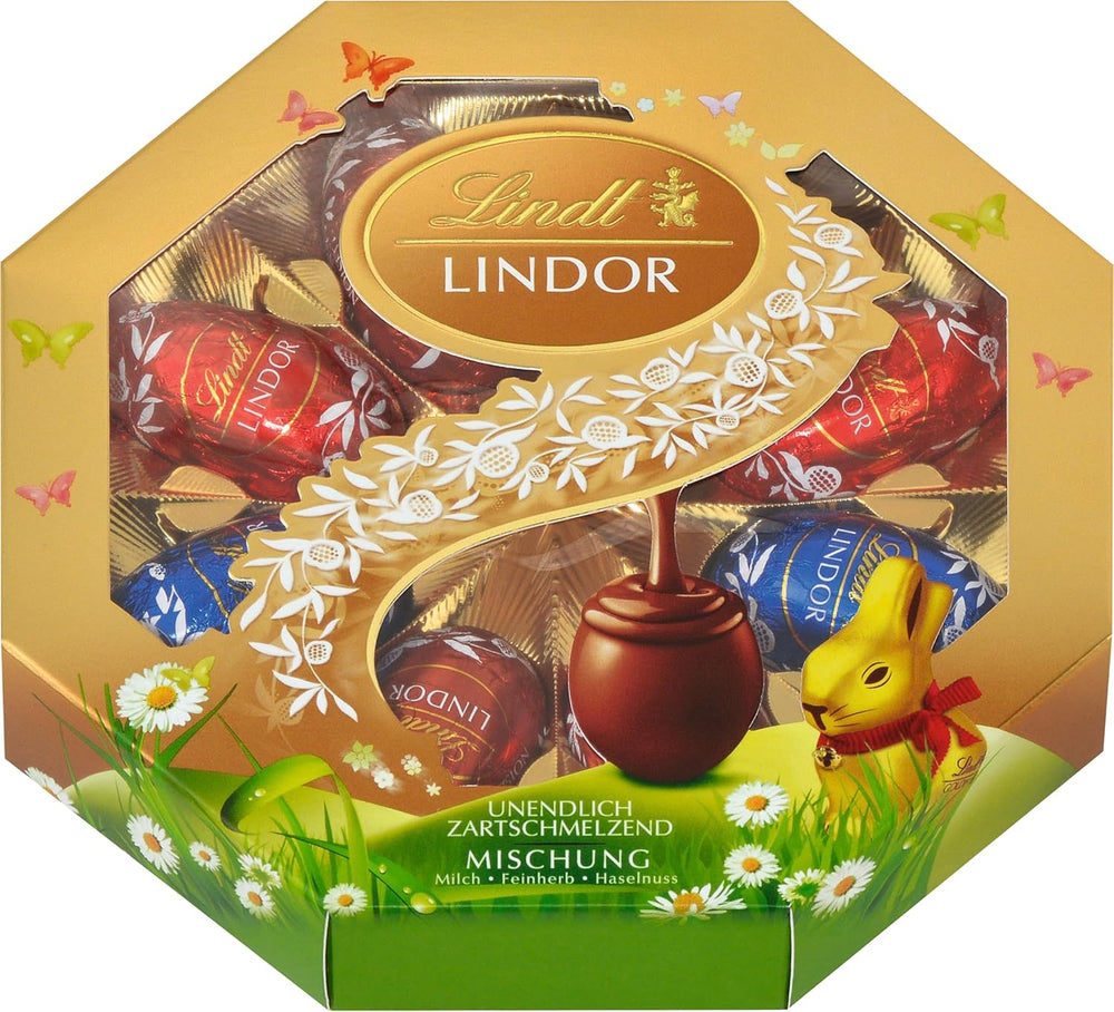 Velikonoční směs Lindt Čokoláda LINDOR | Krabice 144g | Vajíčka LINDOR, která se rozplývají v ústech ve třech variantách: Mléčná čokoláda, Hořká čokoláda, Lískový ořech | Velikonoční čokoláda | Čokoládový dárek | 1 balení