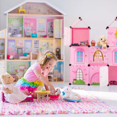 Polička do dětského pokoje Relaxdays, zámek princezny, plast, DIY skříňka s dvířky, HBT: 128 X 110 X 37 Cm, růžová Naty Shop Dollhouses