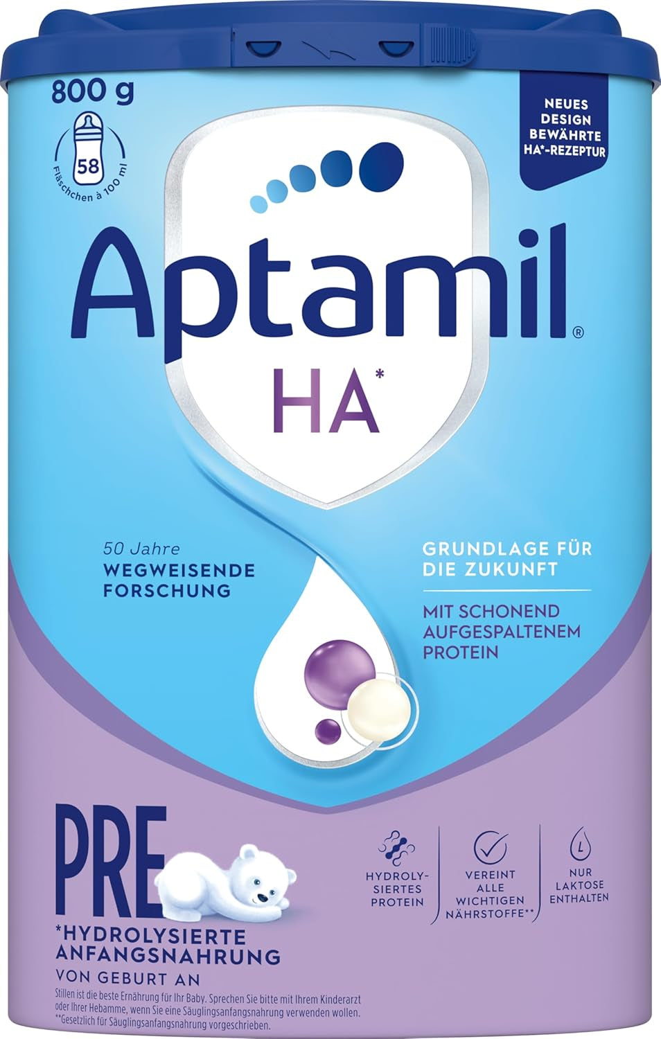Aptamil HA PRE – Anfangsmilch von Geburt an, Mit DHA, Nur Lactose, Ohne Palmöl, Babynahrung, Milchpulver, 1x 800 g