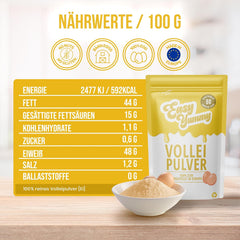 EASY YUMMY - Vollei-Eipulver (1000g = 80 Eier) z Regionalen Niederländischen Freiland-Eiern | mýtus 1-Ei-Messlöffel | Wiederverschließbarer Beutel, lange Haltbarkeit | Rührei, Kochen, Backen | 100% jich