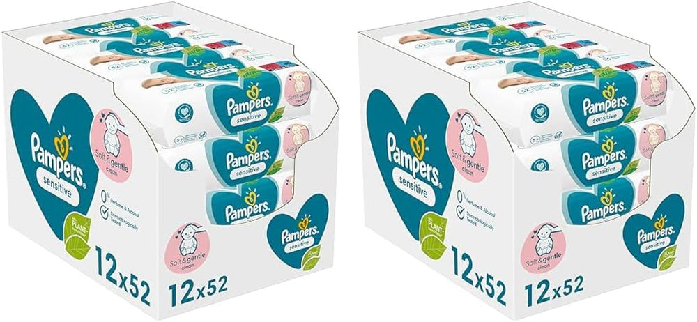 Pampers Sensitive dětské ubrousky, 624 ubrousků (12 x 52), neparfémované, pro jemné a šetrné čištění (balení 2 ks)
