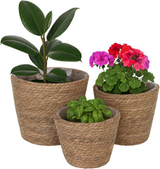 Ghiveci de flori Relaxdays, Set de 3, Stuf, Ghivece de plante cu folie, 3 dimensiuni, Stil Boho, Ghivece rotunde, Natural