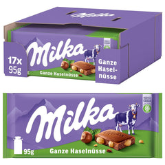 Milka Mléčná čokoláda s celými lískovými oříšky - Čokoláda s křupavými oříšky - 17 x 95g