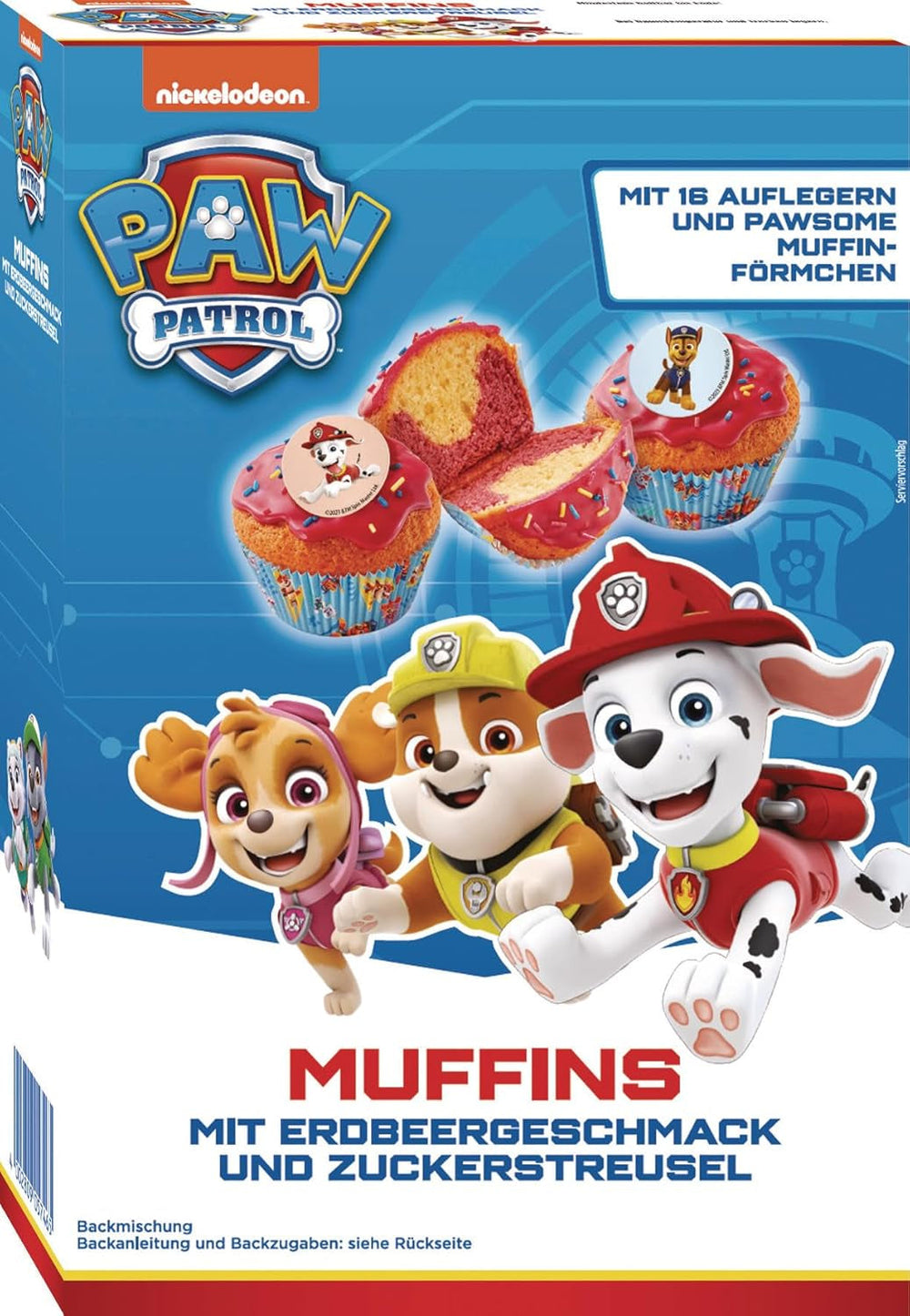 RUF X Paw Patrol Muffin Backmischung Mit Erdbeer-Geschmack, Für 12 Paw Patrol Muffins, Inkl.16 Oblaten-Auflegern Und Pawsome Muffin-Förmchen, 1 X 394G Naty Shop 392 G (1Er Pack) Muffiny