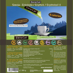 Zerocal - 1:1 (Erythritol + Stévie) 100 tyčinek Je 3 G | Ideální pro slazení kávy, čaje a dalších nápojů Gleiche Süßkraft Von Zucker | Bezlepkové, Veganské, Bez GMO | Kalorie a GI = 0 Sladidla Naty Shop