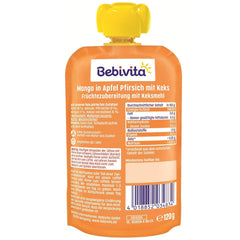 Mango v jablečné a broskvové omáčce se sáčkem sušenek (6 x 120 g), bez přidaného cukru, vyrobené z jemného ovoce a cenných obilovin, ideální pro balené svačiny a na cesty.